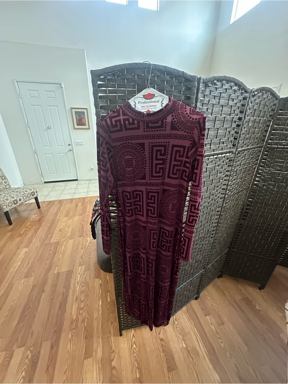 Long Sleeve Burgundy Patterned Maxi Dress